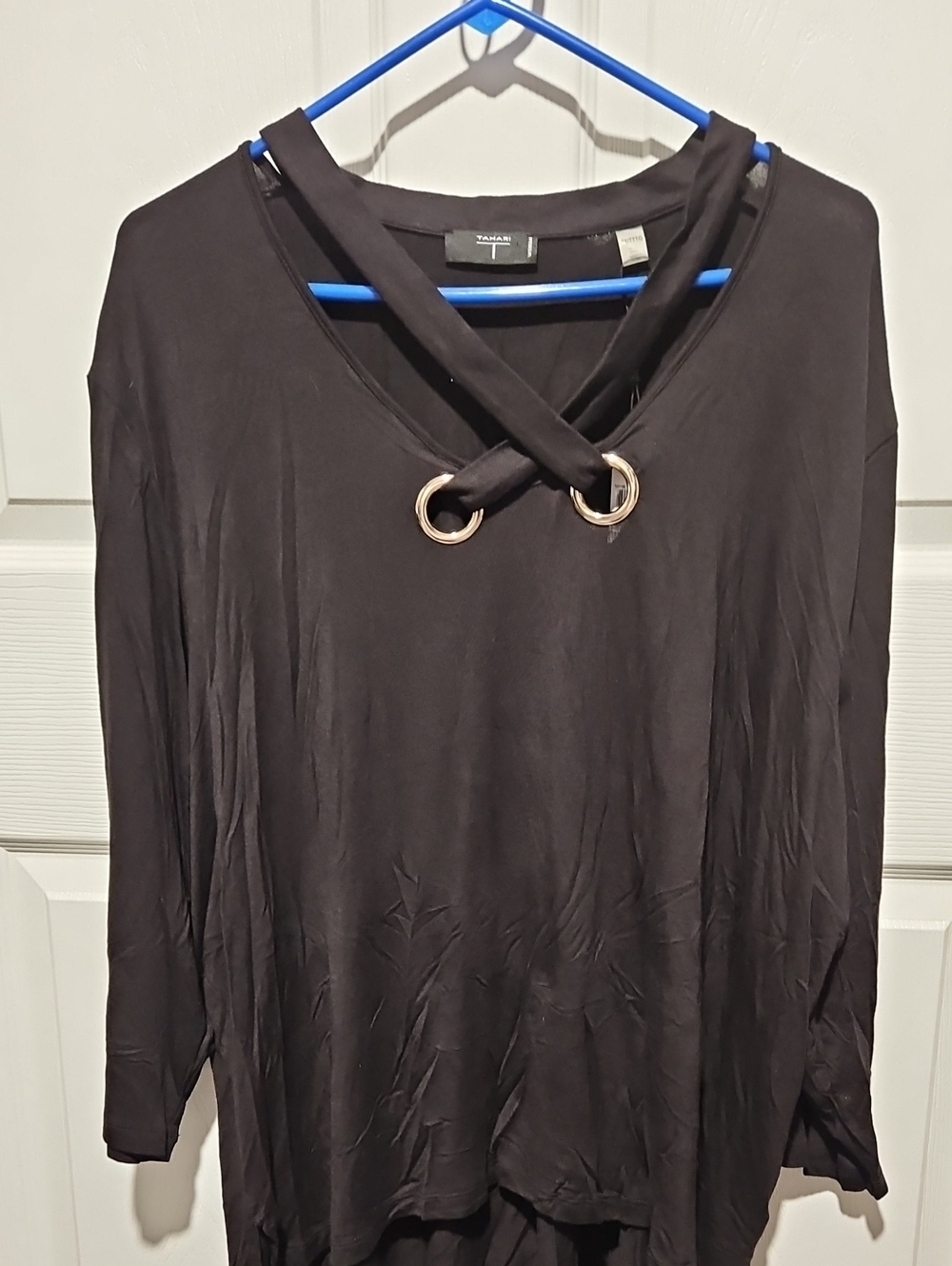 Tahari Black Long-Sleeve V-Neck Top with Grommet Accent